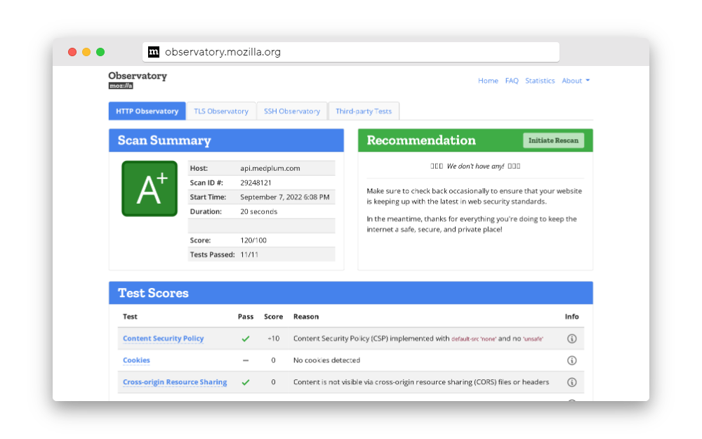 Mozilla Observatory api.medplum.com screenshot
